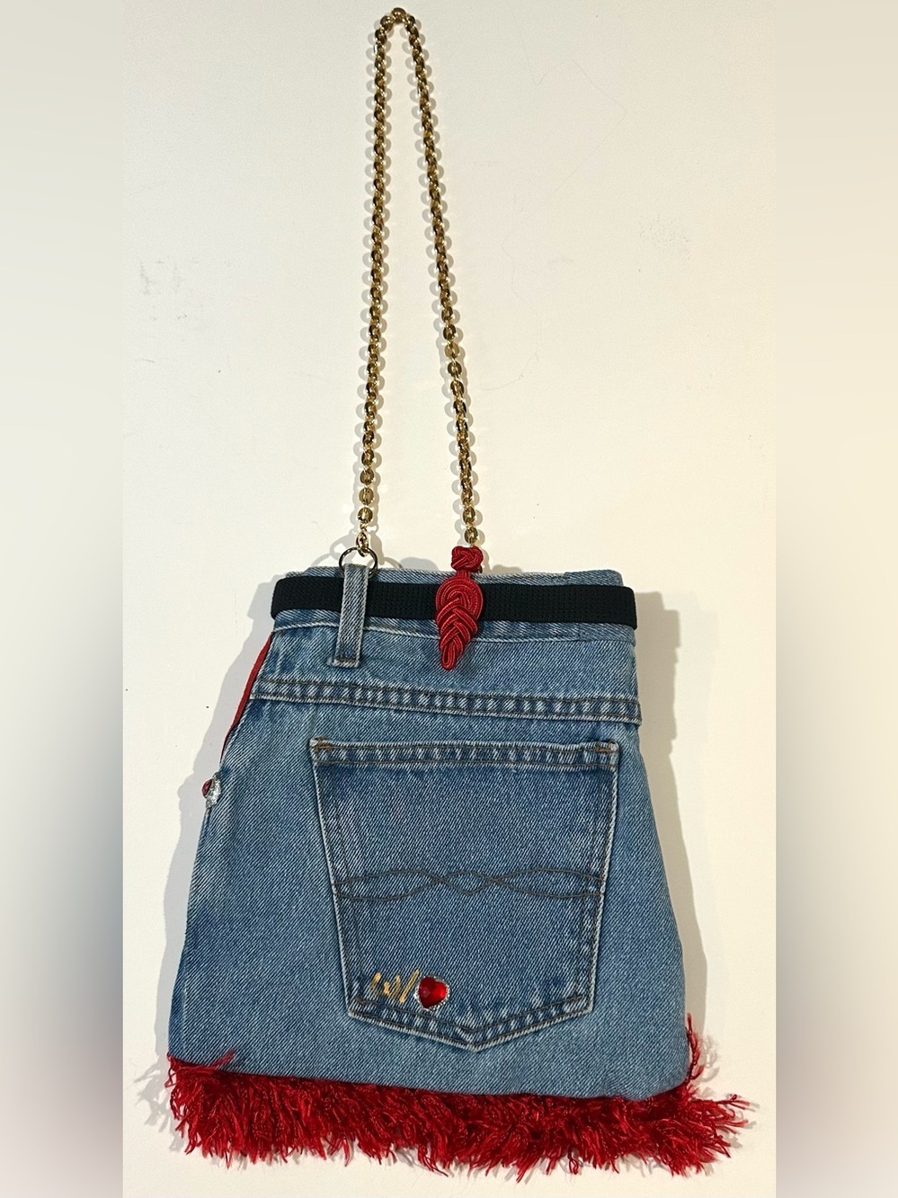 Jeans Denim Crossbody Bag with Embroidered Pocket Gold Chain - Custom Made Y2K - Picture 5 of 15